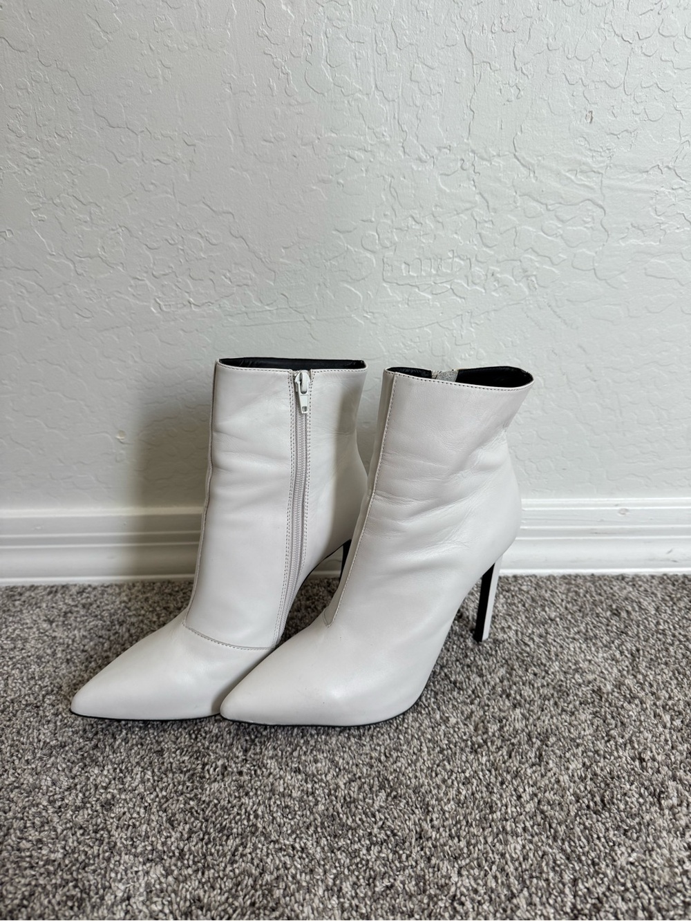 Pointed White Leather Ankle Booties with Stiletto Heel